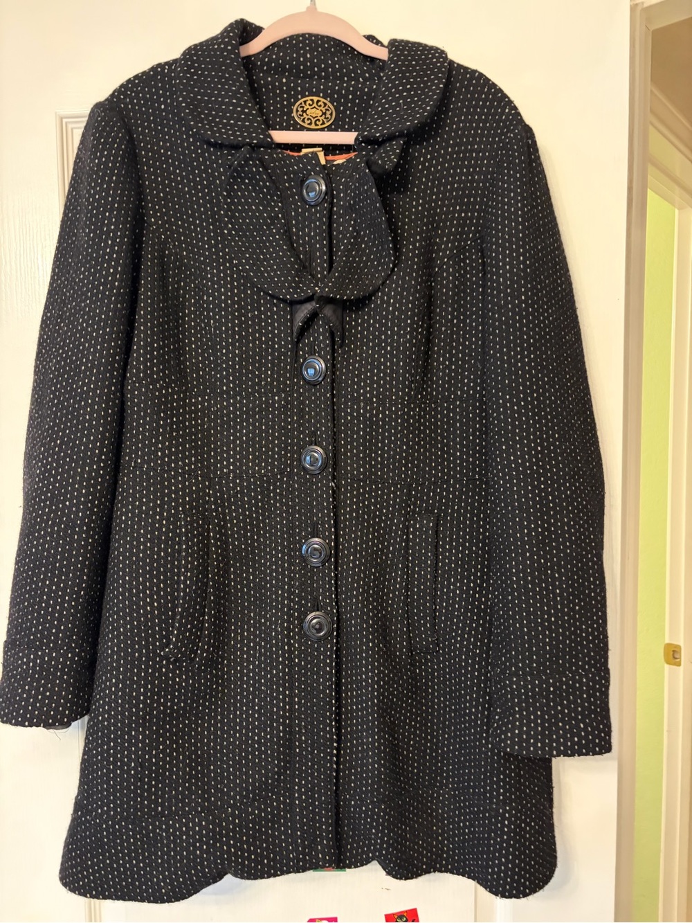 Idra by Anthropologie Black Wool-Blend Dotted Pea Coat
